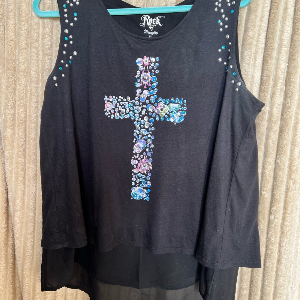 Wrangler Black Tank Top with Jeweled Cross